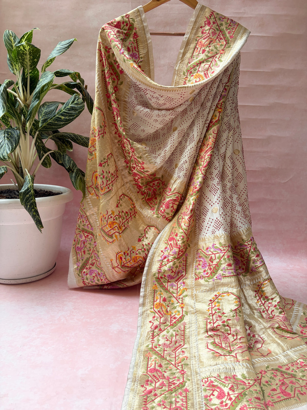 Katan Boota Paithani Meenakari Red Rai Dana White Bandhej Dupatta