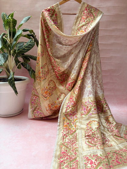 Katan Boota Paithani Meenakari Red Rai Dana White Bandhej Dupatta