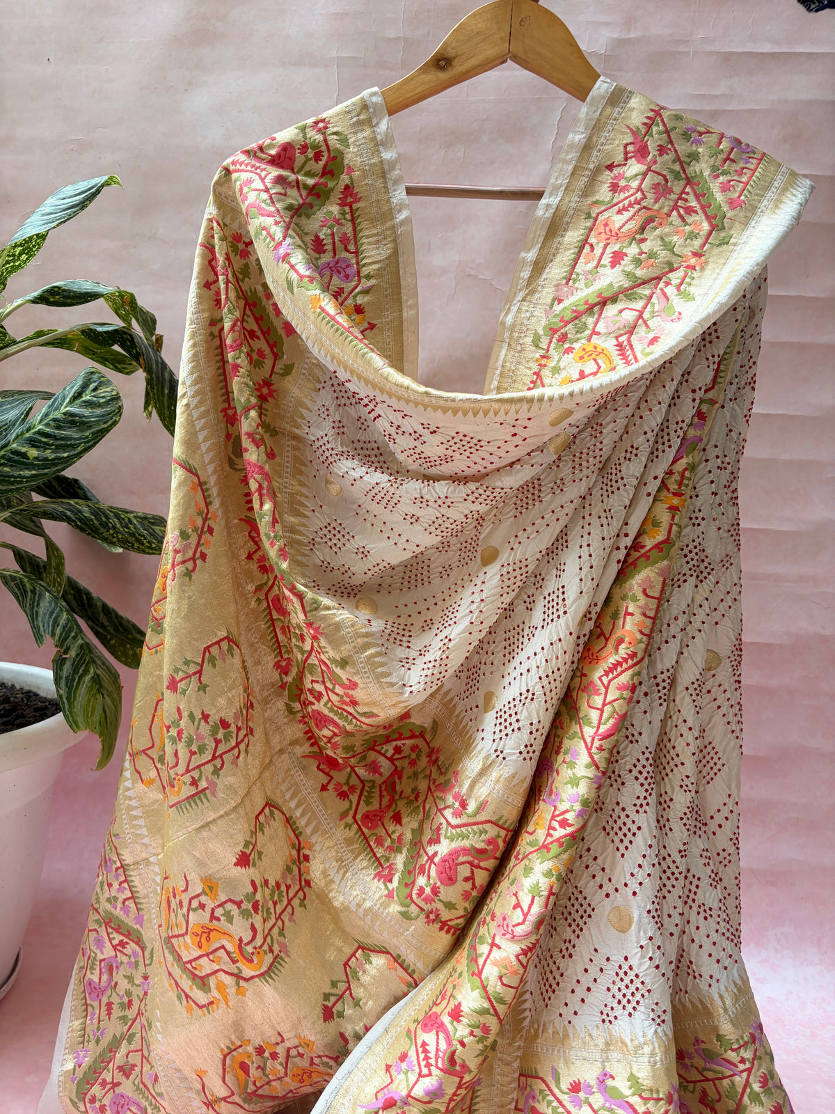Katan Boota Paithani Meenakari Red Rai Dana White Bandhej Dupatta