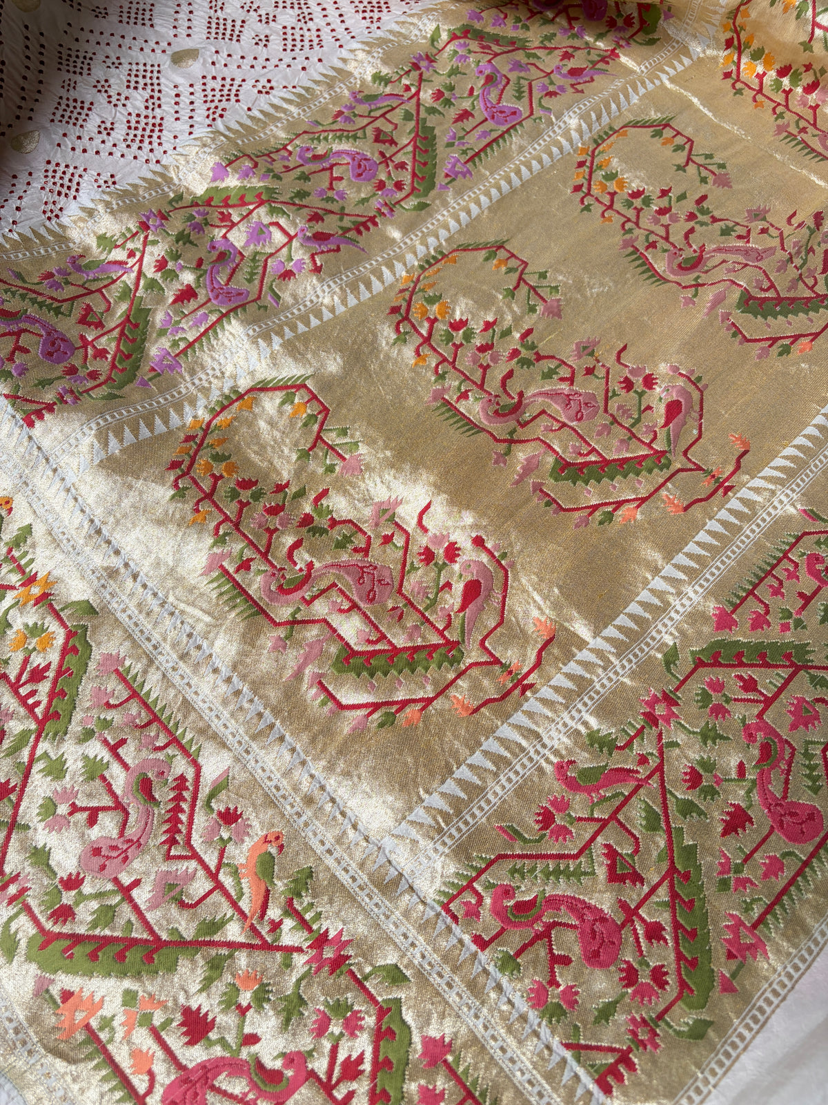 Katan Boota Paithani Meenakari Red Rai Dana White Bandhej Dupatta