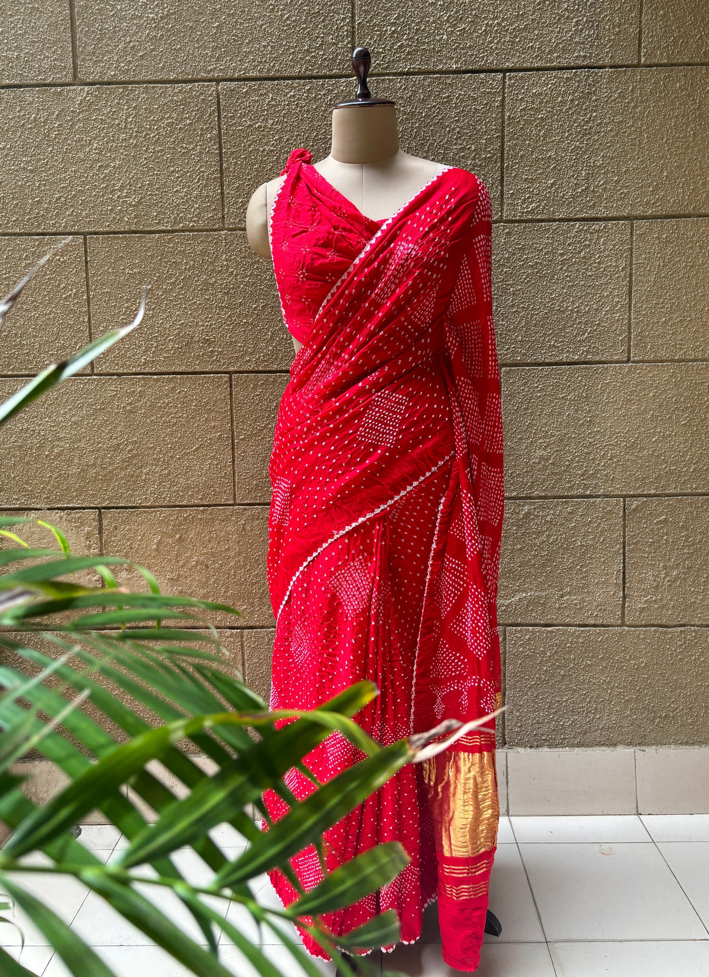 Red (White Rai Dana) Bandhej Saree