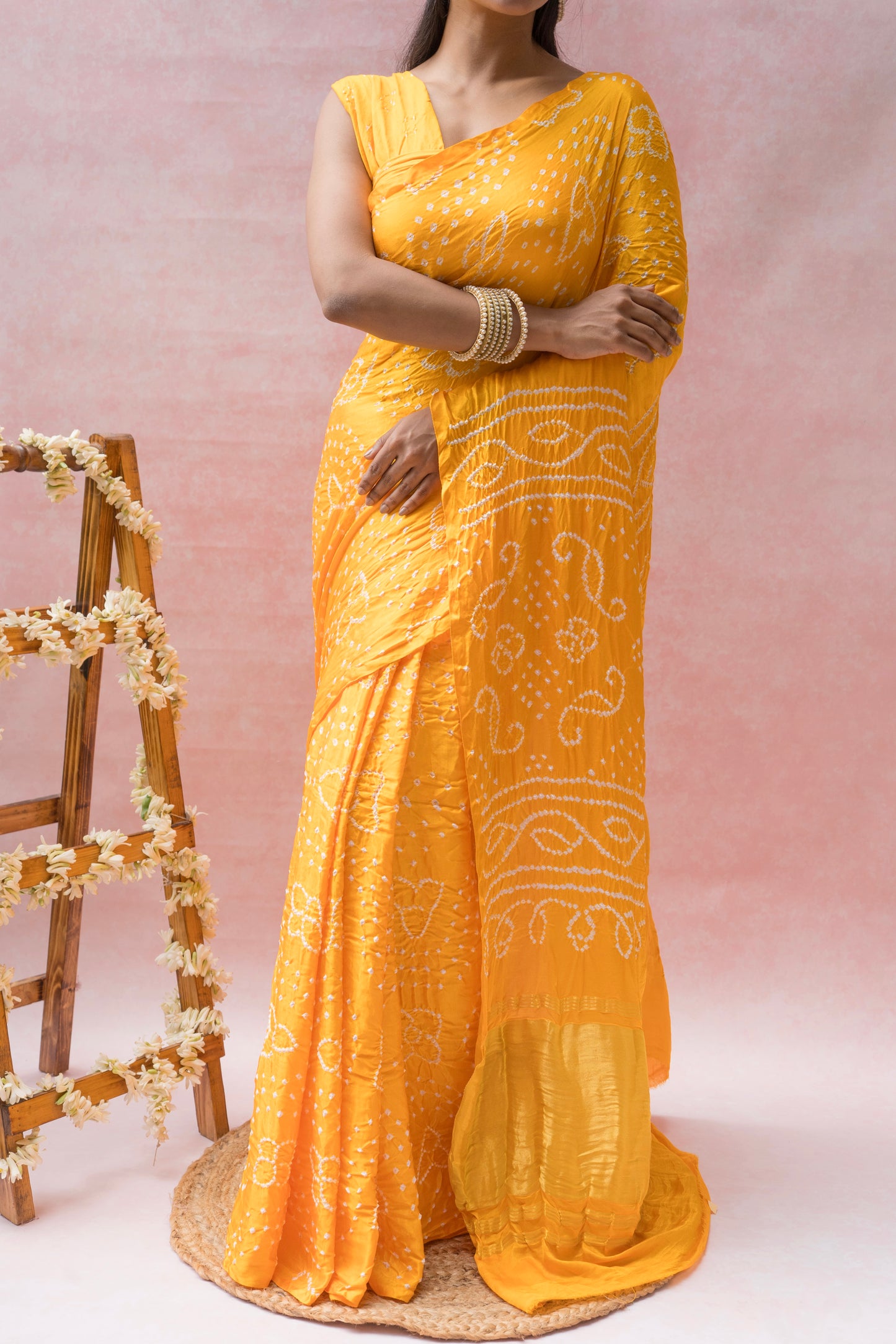 Gajji Rai Dana Yellow Bandhej Saree