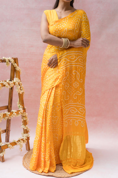 Gajji Rai Dana Yellow Bandhej Saree