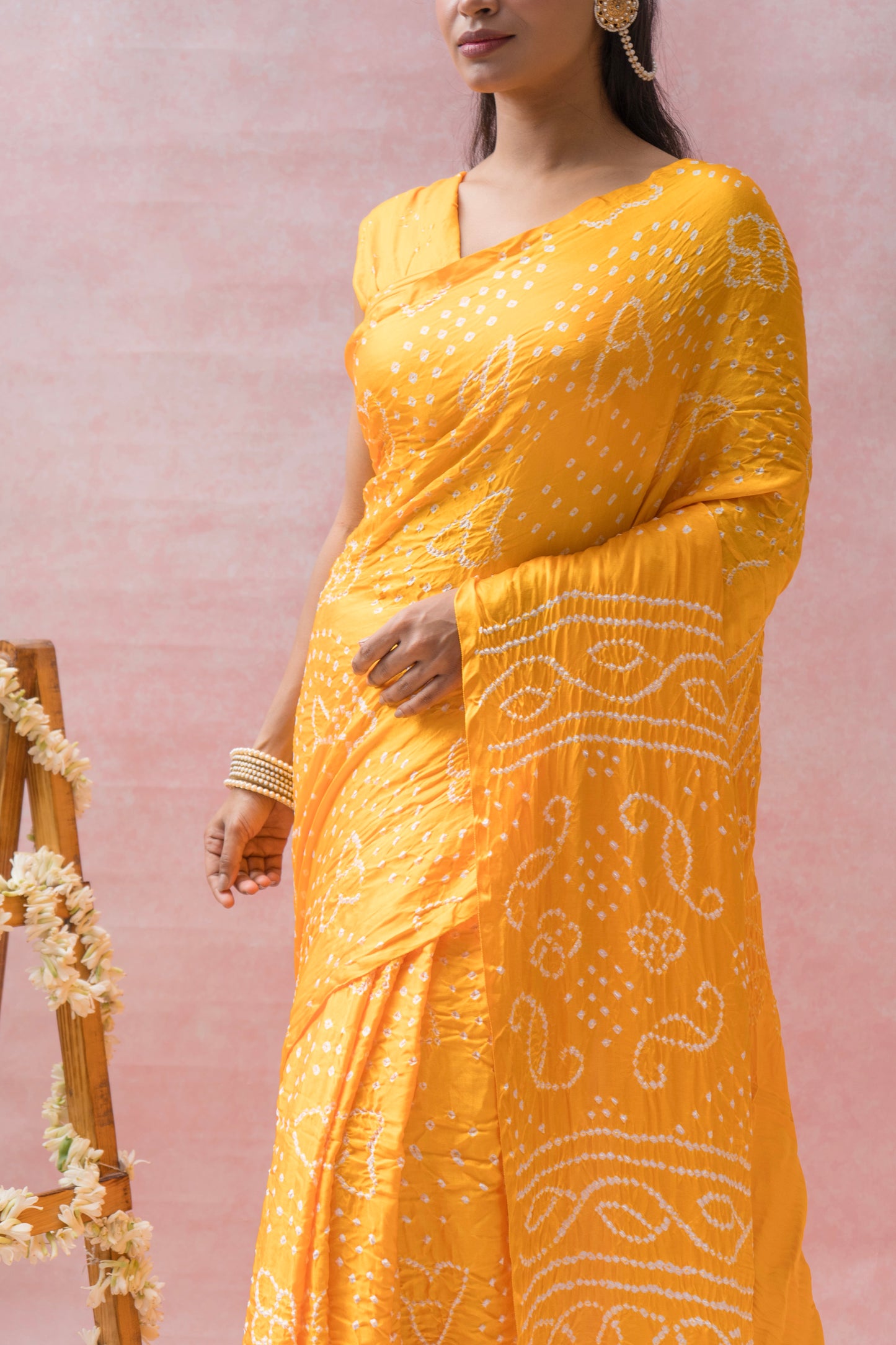 Gajji Rai Dana Yellow Bandhej Saree