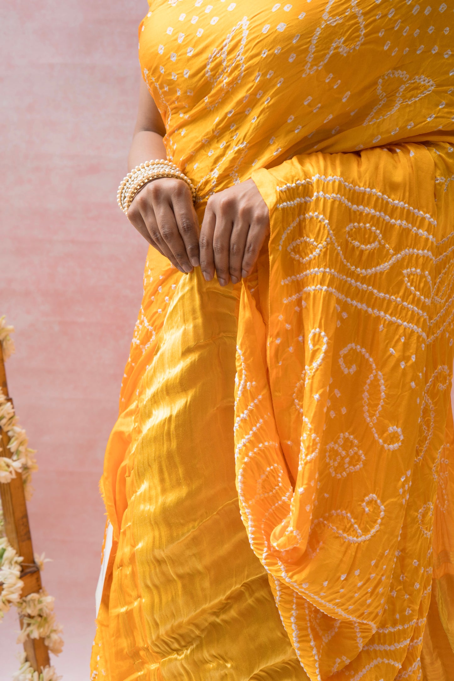 Gajji Rai Dana Yellow Bandhej Saree