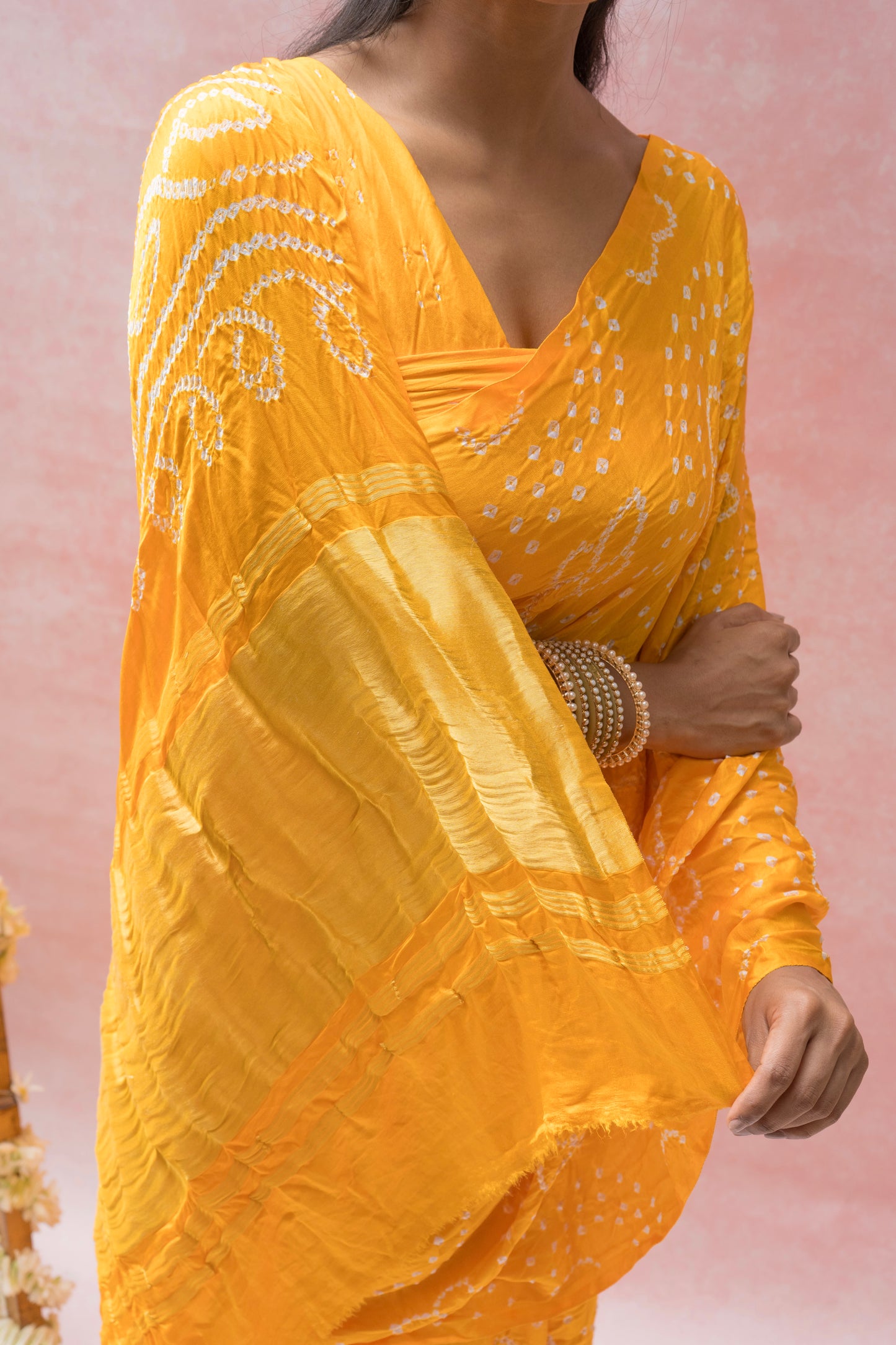 Gajji Rai Dana Yellow Bandhej Saree