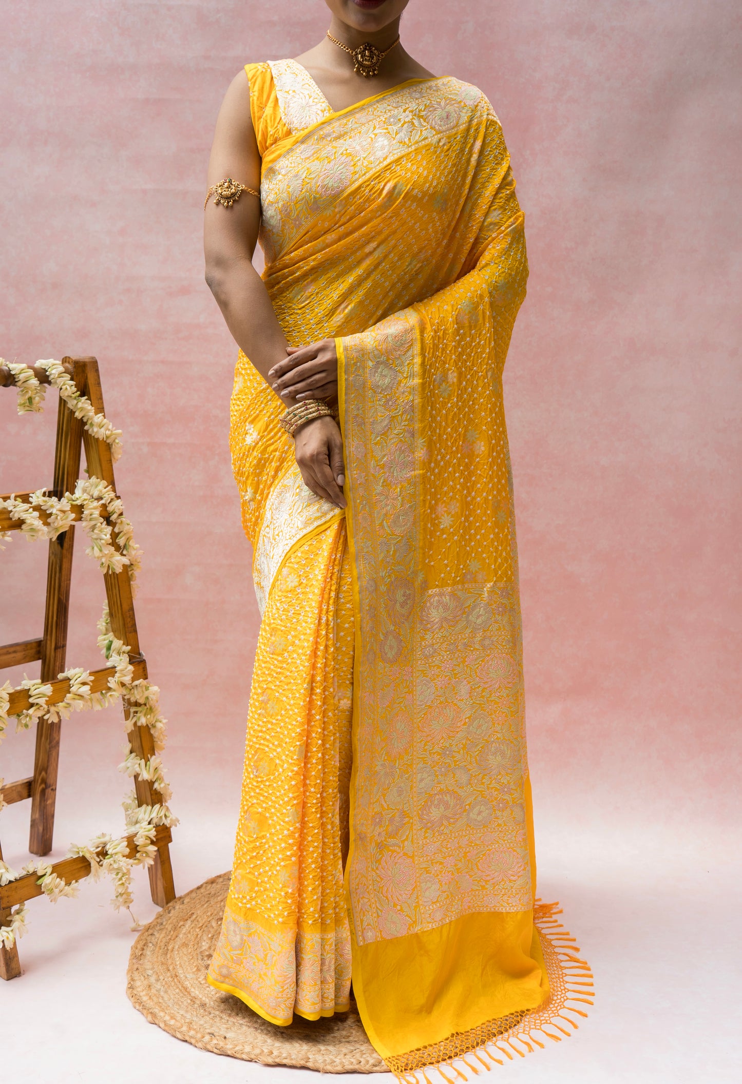 Katan Parsi Booti Rai Dana Yellow Bandhej Saree