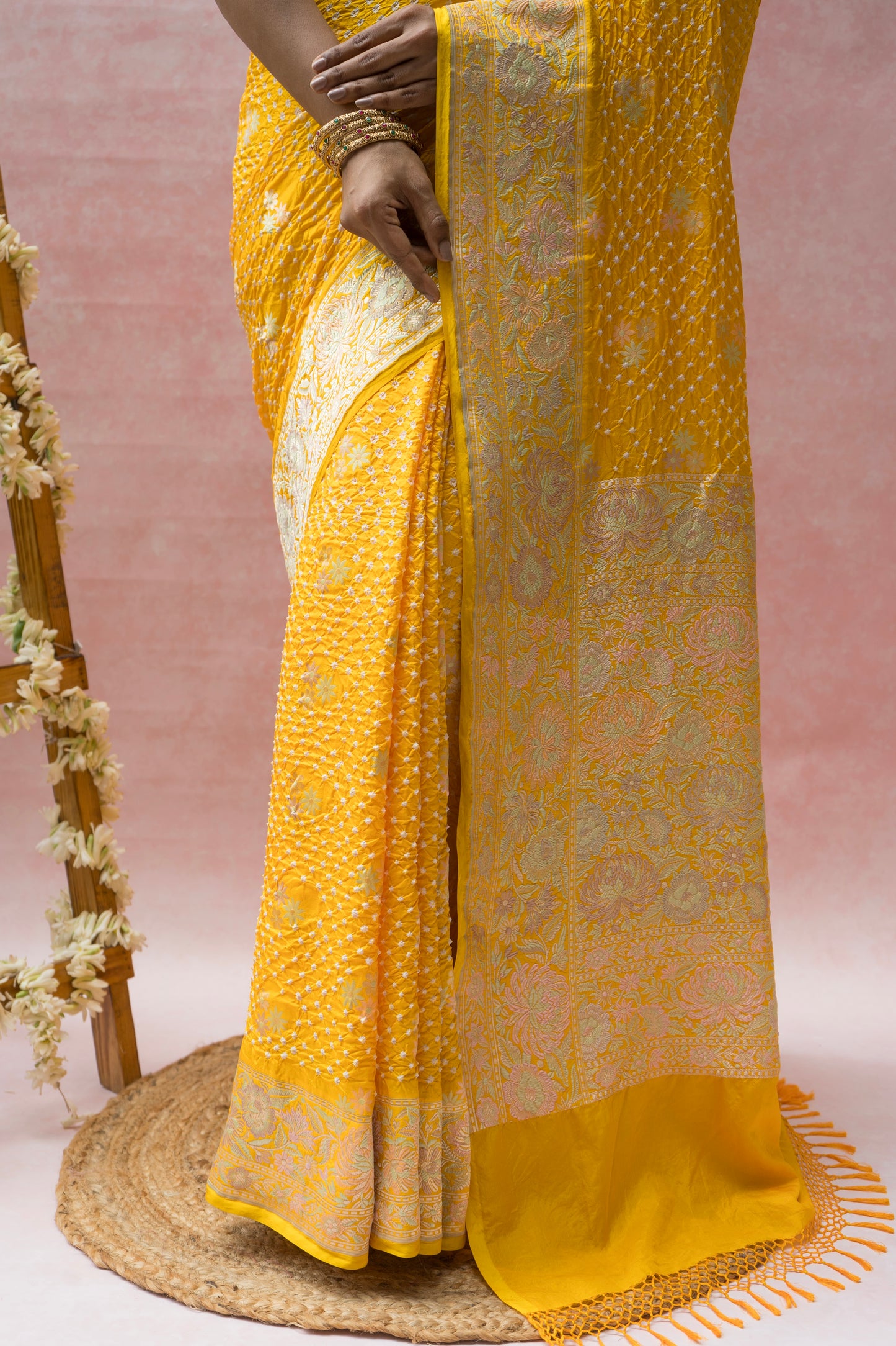 Katan Parsi Booti Rai Dana Yellow Bandhej Saree