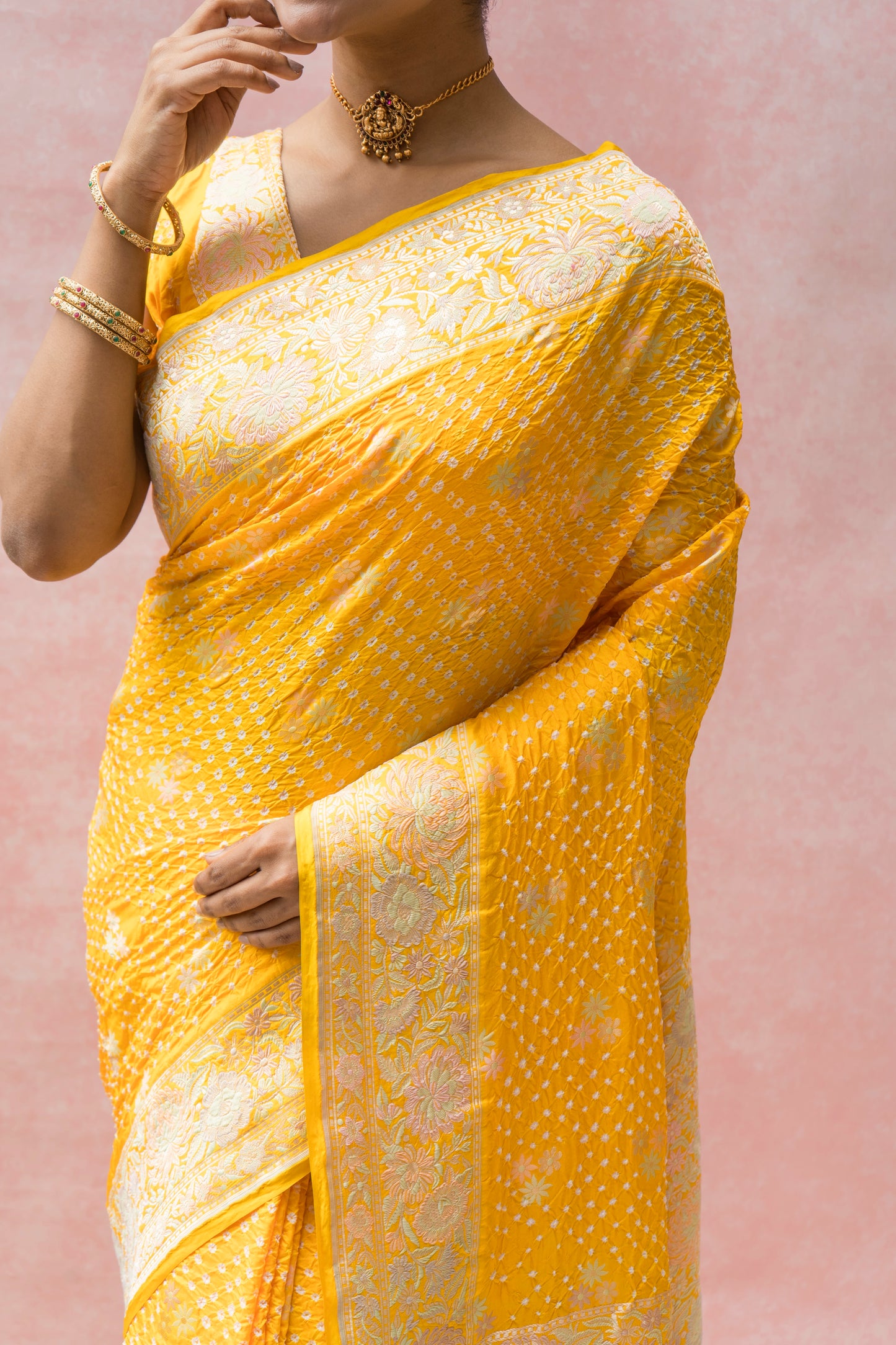 Katan Parsi Booti Rai Dana Yellow Bandhej Saree