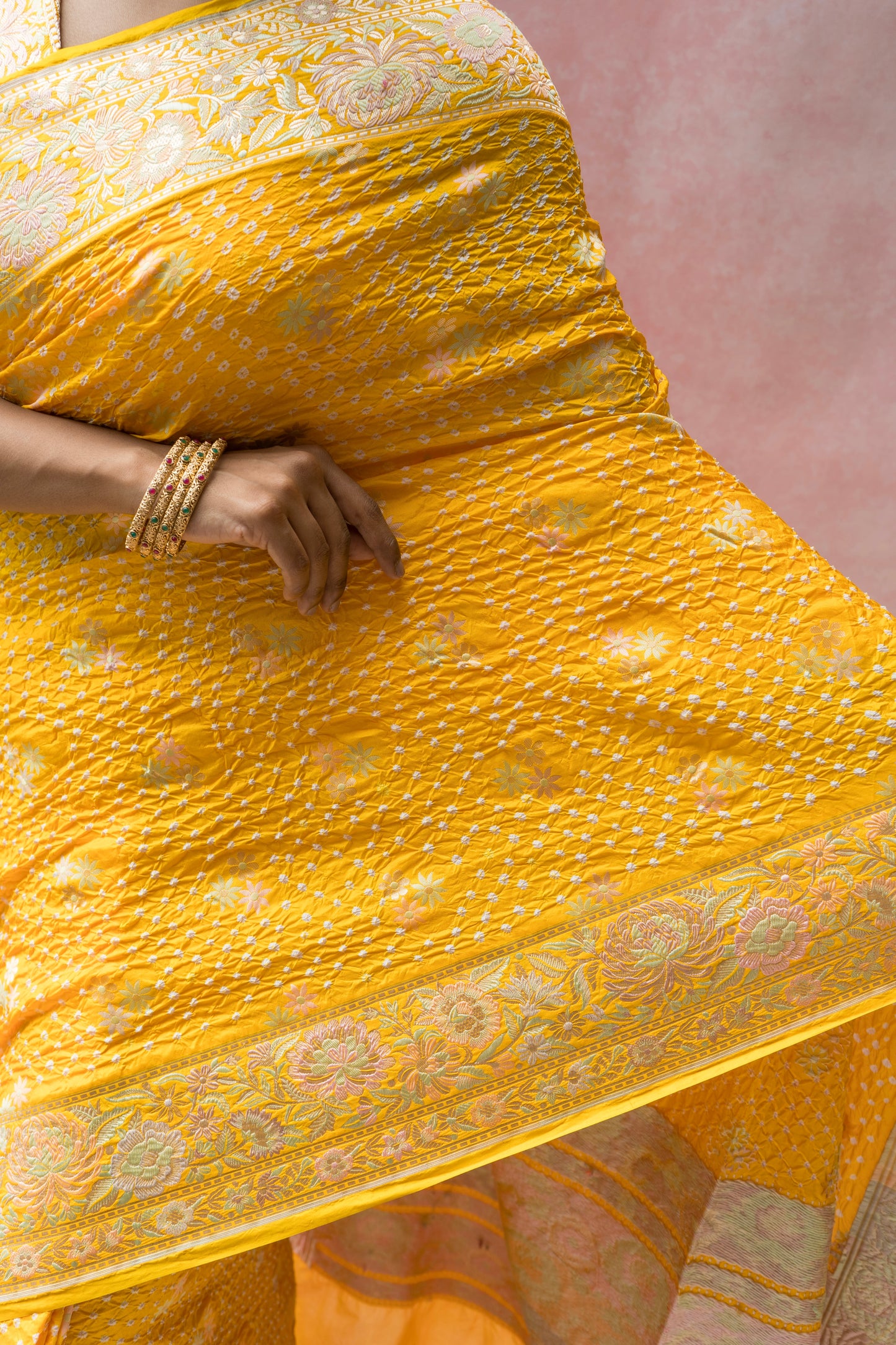 Katan Parsi Booti Rai Dana Yellow Bandhej Saree