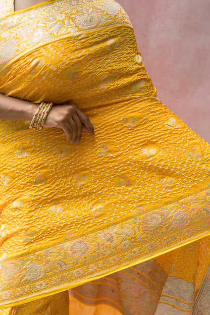 Katan Parsi Booti Rai Dana Yellow Bandhej Saree