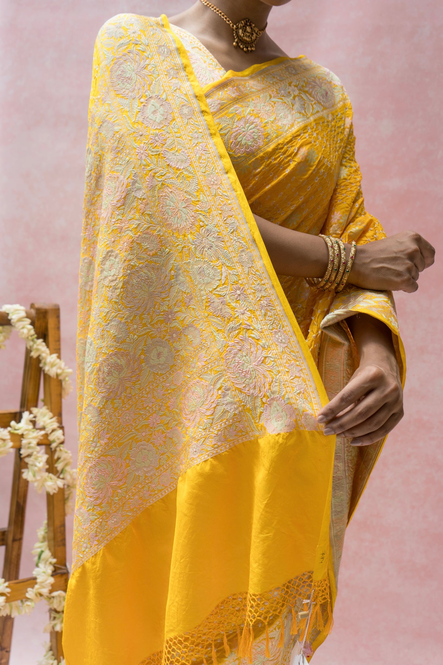 Katan Parsi Booti Rai Dana Yellow Bandhej Saree