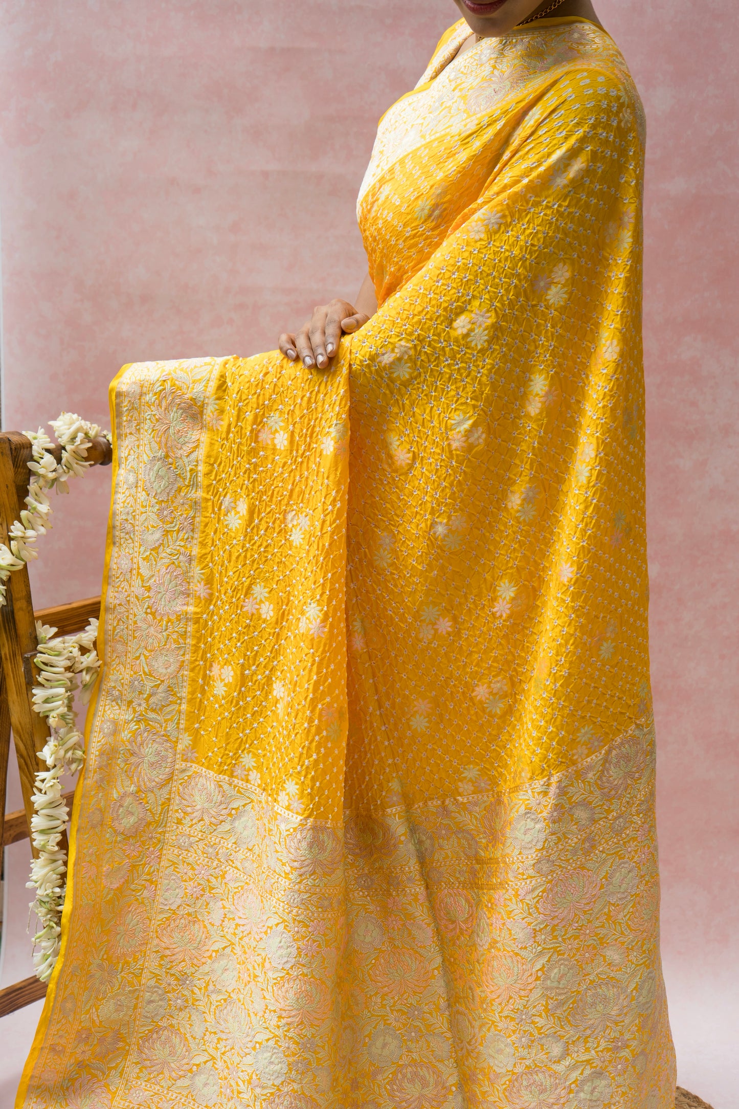 Katan Parsi Booti Rai Dana Yellow Bandhej Saree