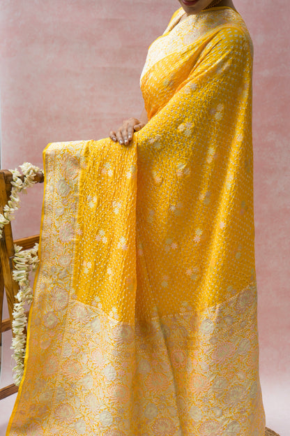 Katan Parsi Booti Rai Dana Yellow Bandhej Saree