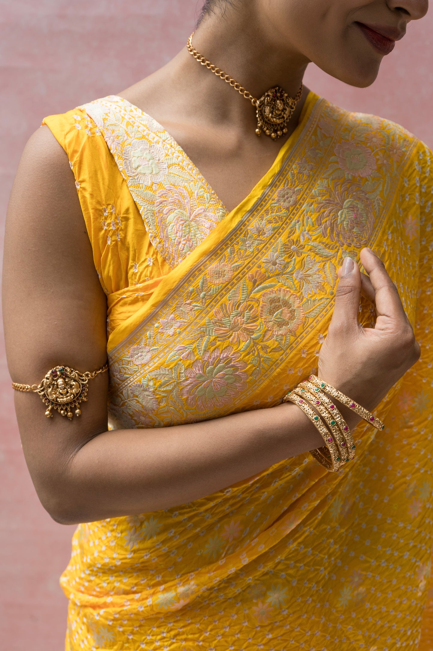 Katan Parsi Booti Rai Dana Yellow Bandhej Saree