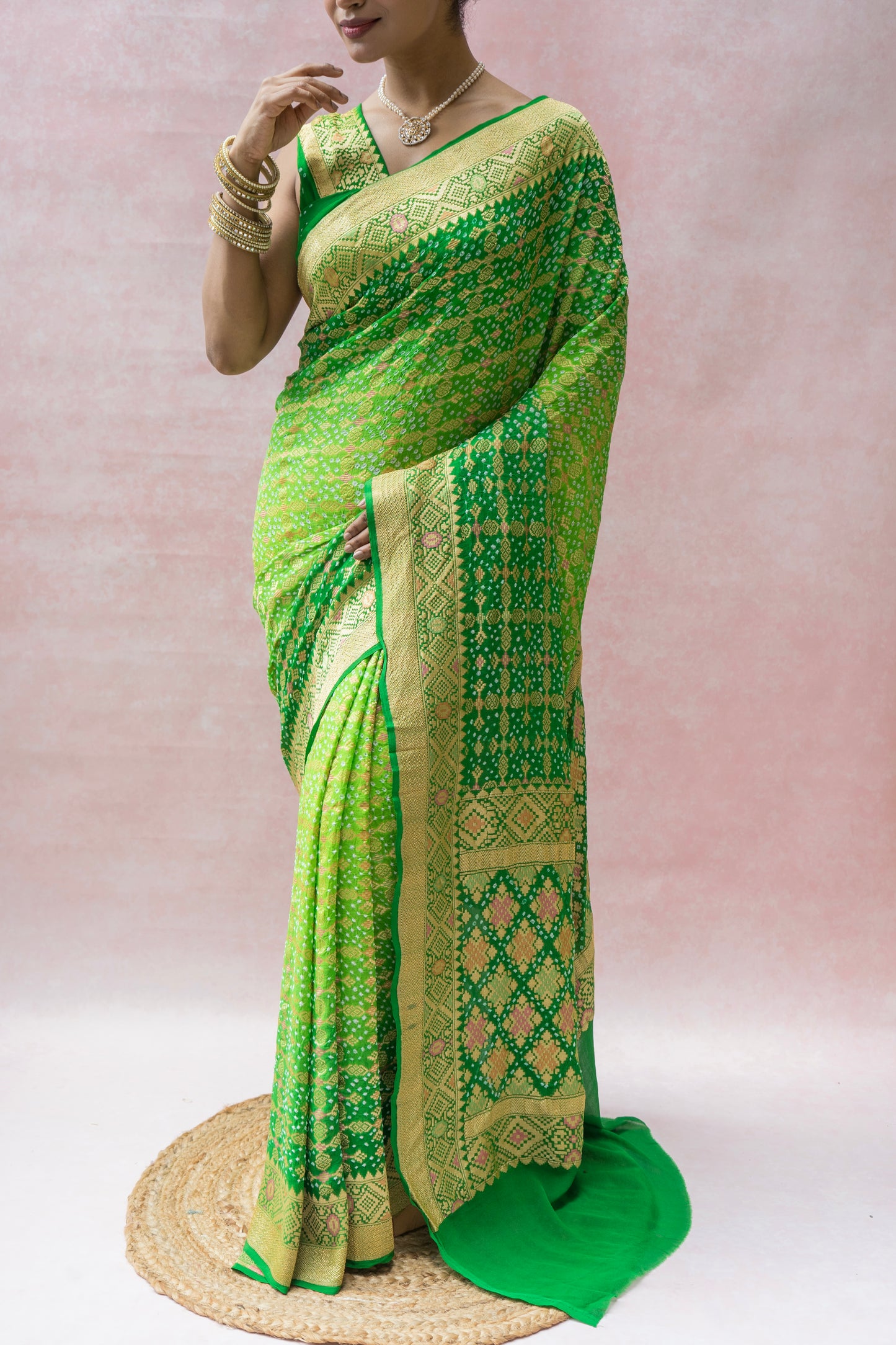 Georgette Patola Meenakari Green Ombre Bandhej Saree