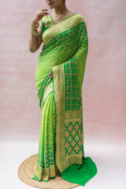 Georgette Patola Meenakari Green Ombre Bandhej Saree