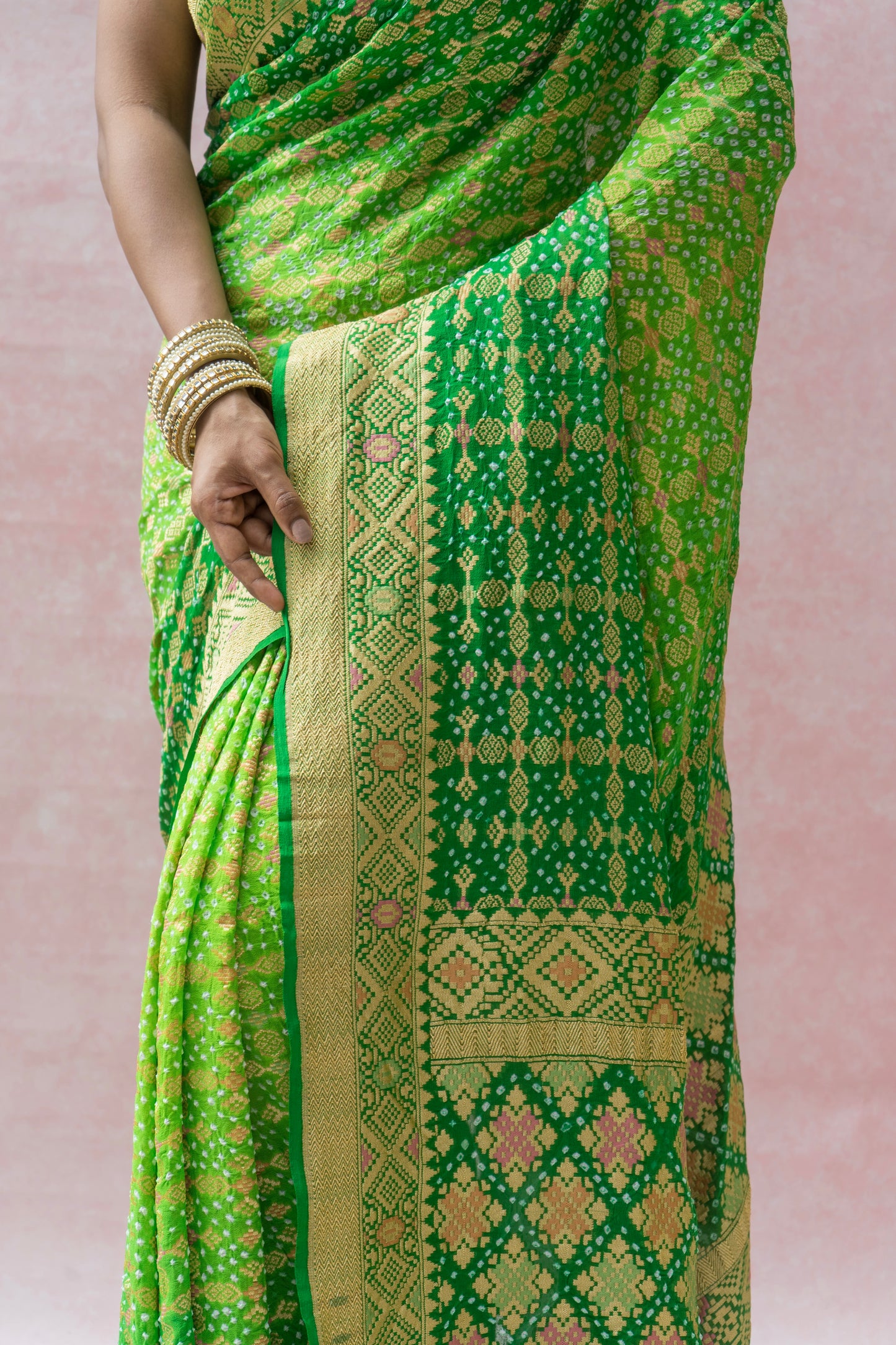 Georgette Patola Meenakari Green Ombre Bandhej Saree