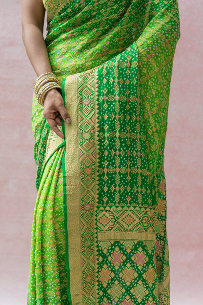 Georgette Patola Meenakari Green Ombre Bandhej Saree