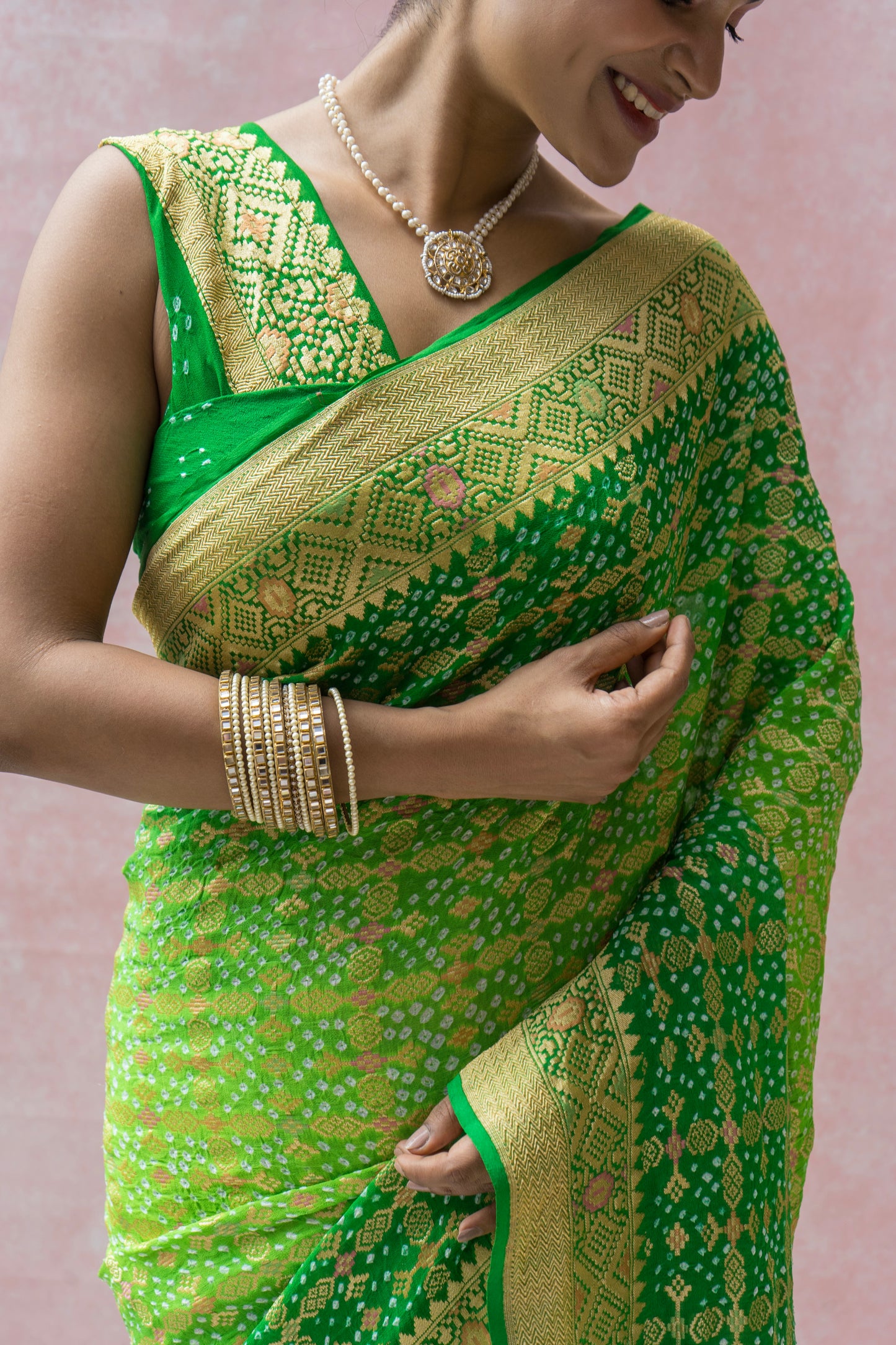 Georgette Patola Meenakari Green Ombre Bandhej Saree