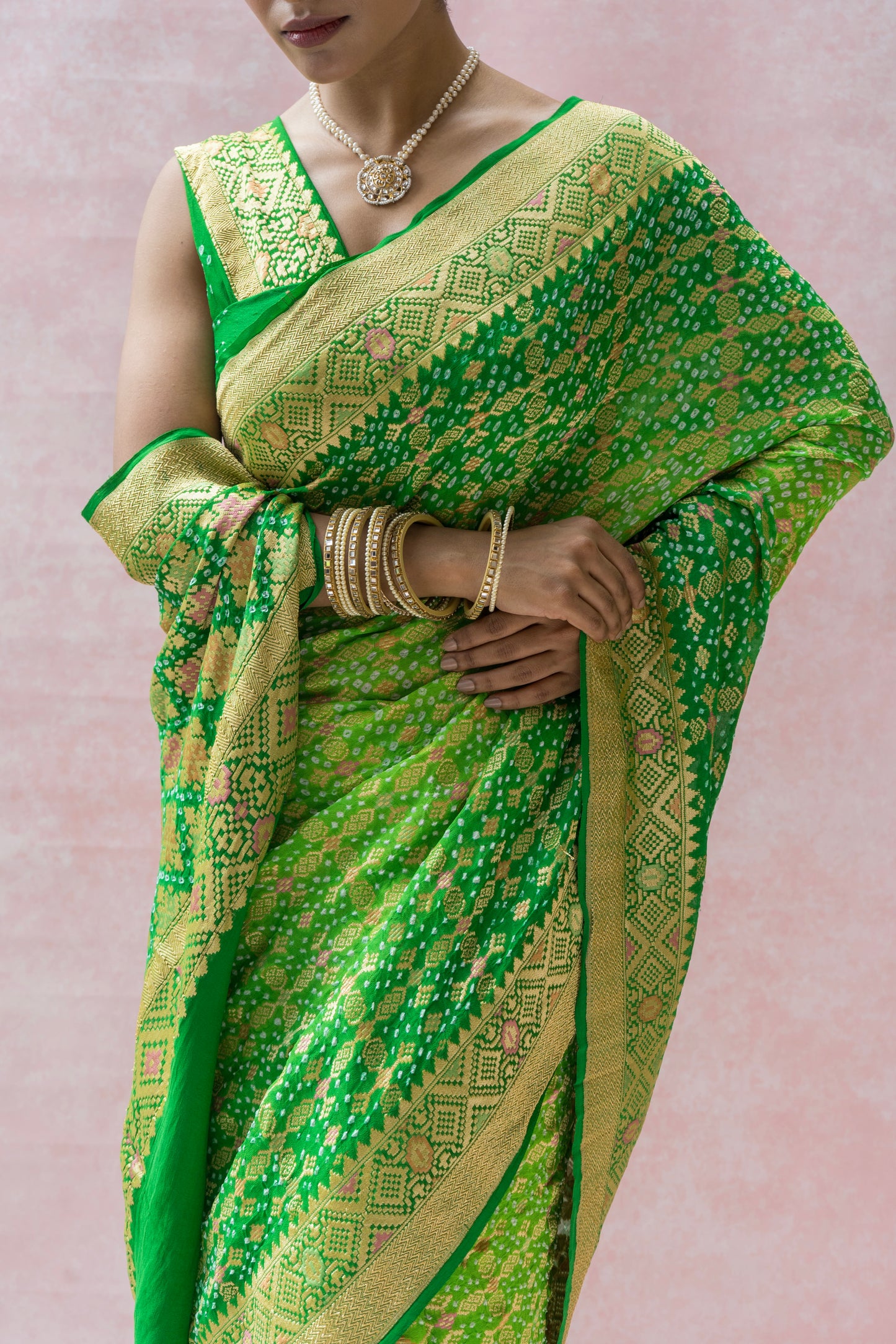 Georgette Patola Meenakari Green Ombre Bandhej Saree