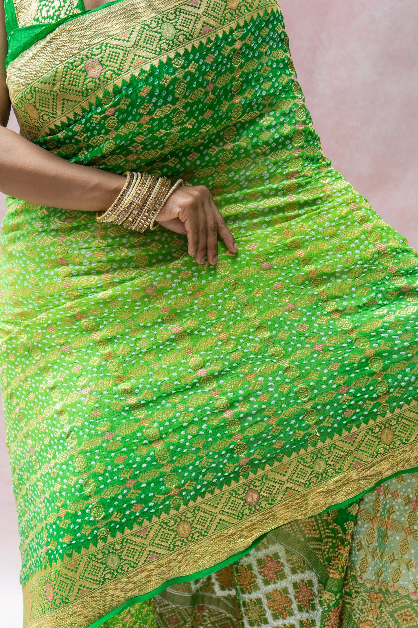 Georgette Patola Meenakari Green Ombre Bandhej Saree