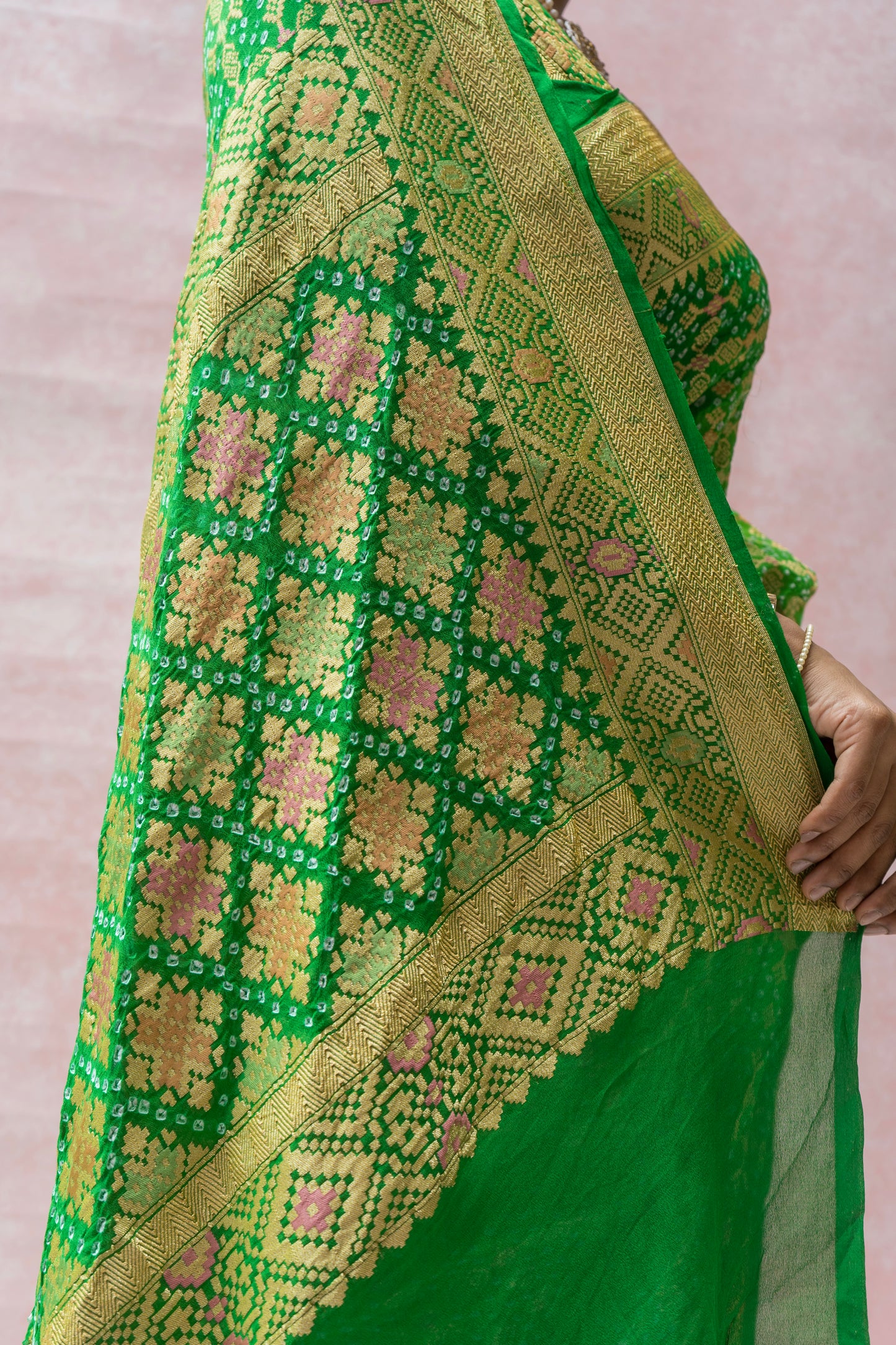 Georgette Patola Meenakari Green Ombre Bandhej Saree