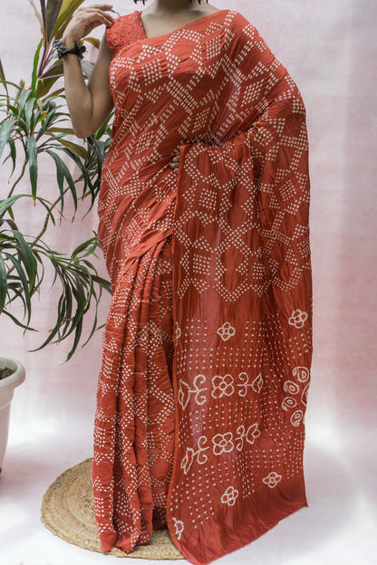 Chanderi Rai Dana Brick Red Bandhej Saree