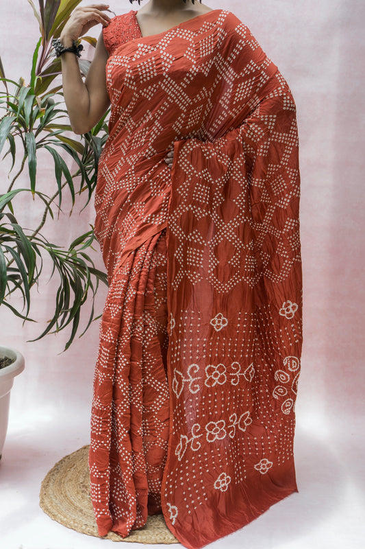 Chanderi Rai Dana Brick Red Bandhej Saree