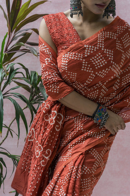 Chanderi Rai Dana Brick Red Bandhej Saree