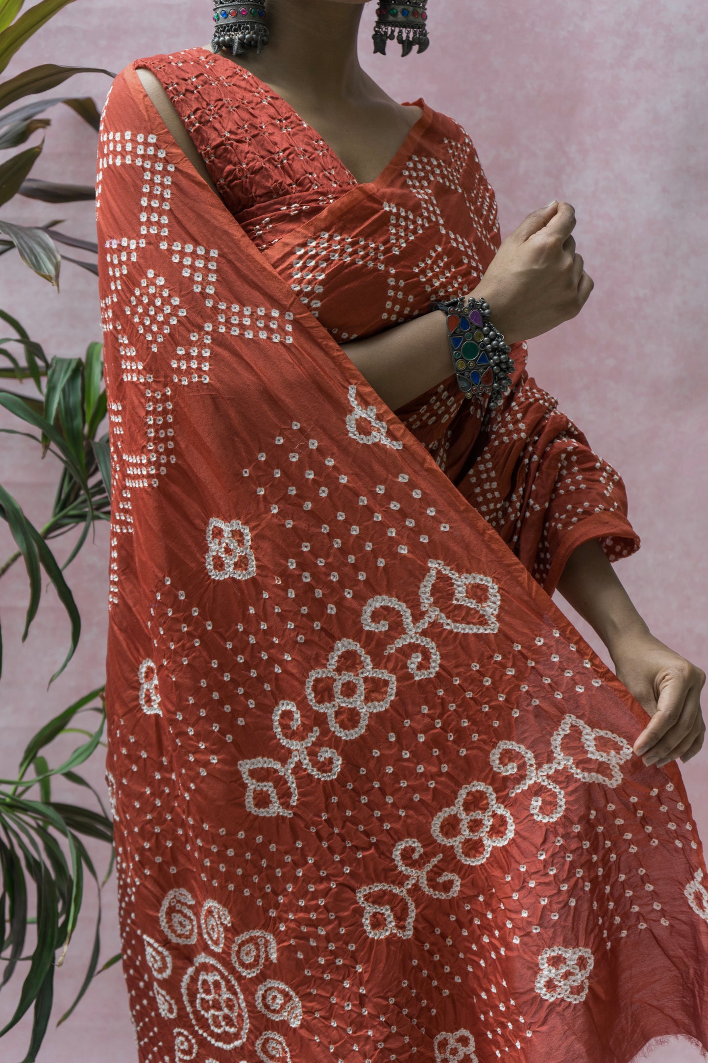 Chanderi Rai Dana Brick Red Bandhej Saree