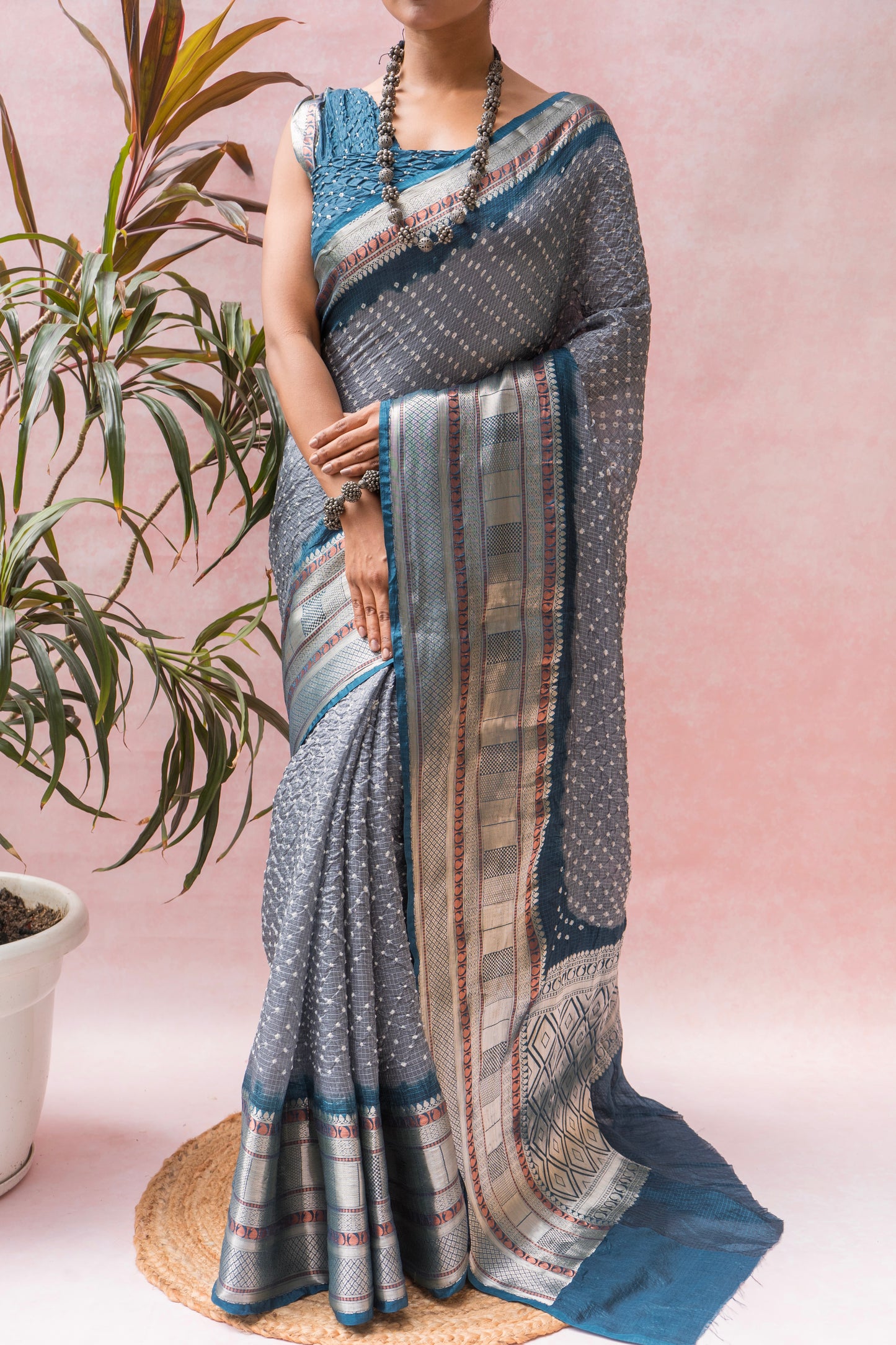 Kota Kanjeevaram Border Palla Royal Blue Bandhej Saree