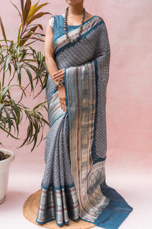 Kota Kanjeevaram Border Palla Royal Blue Bandhej Saree