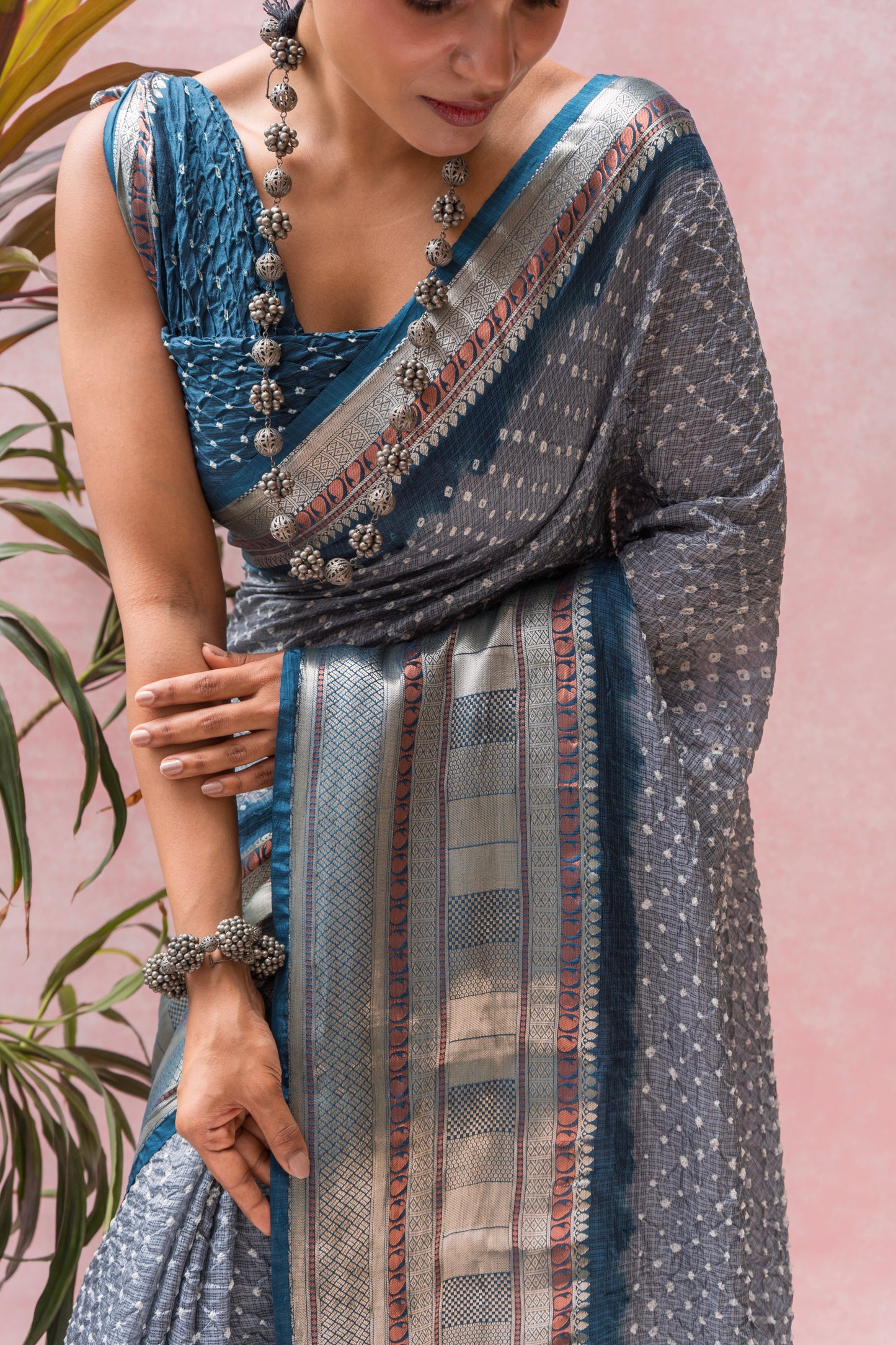 Kota Kanjeevaram Border Palla Royal Blue Bandhej Saree