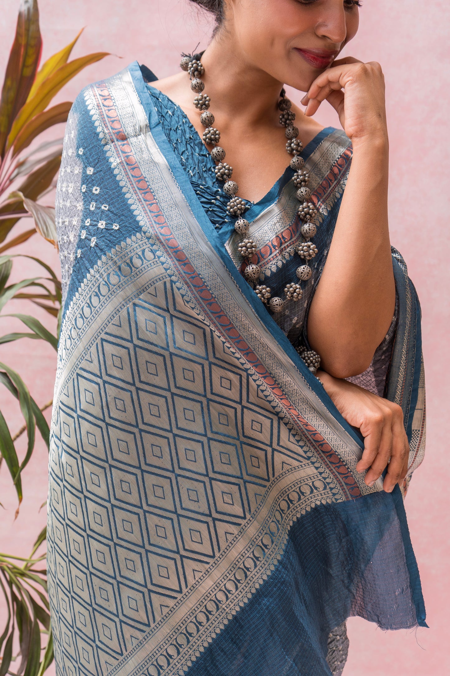 Kota Kanjeevaram Border Palla Royal Blue Bandhej Saree