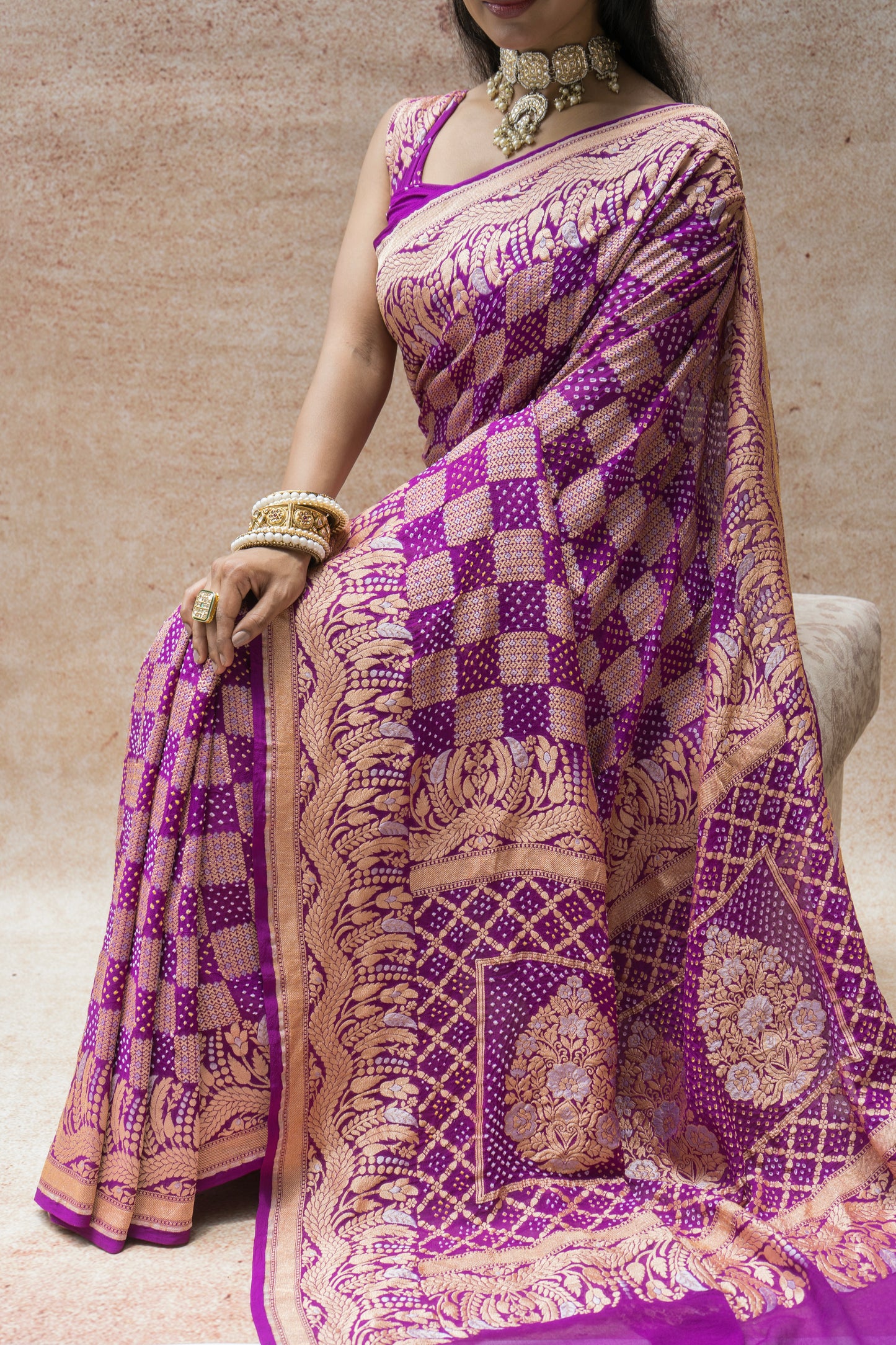 Georgette Sona Rupa Chequered Jaal Purple Bandhej Saree