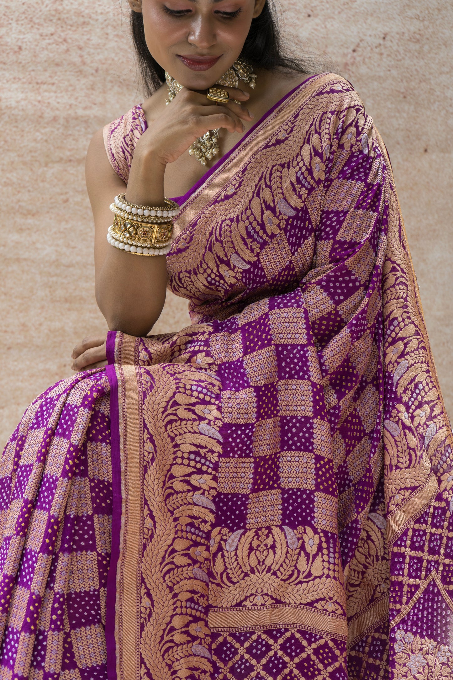 Georgette Sona Rupa Chequered Jaal Purple Bandhej Saree