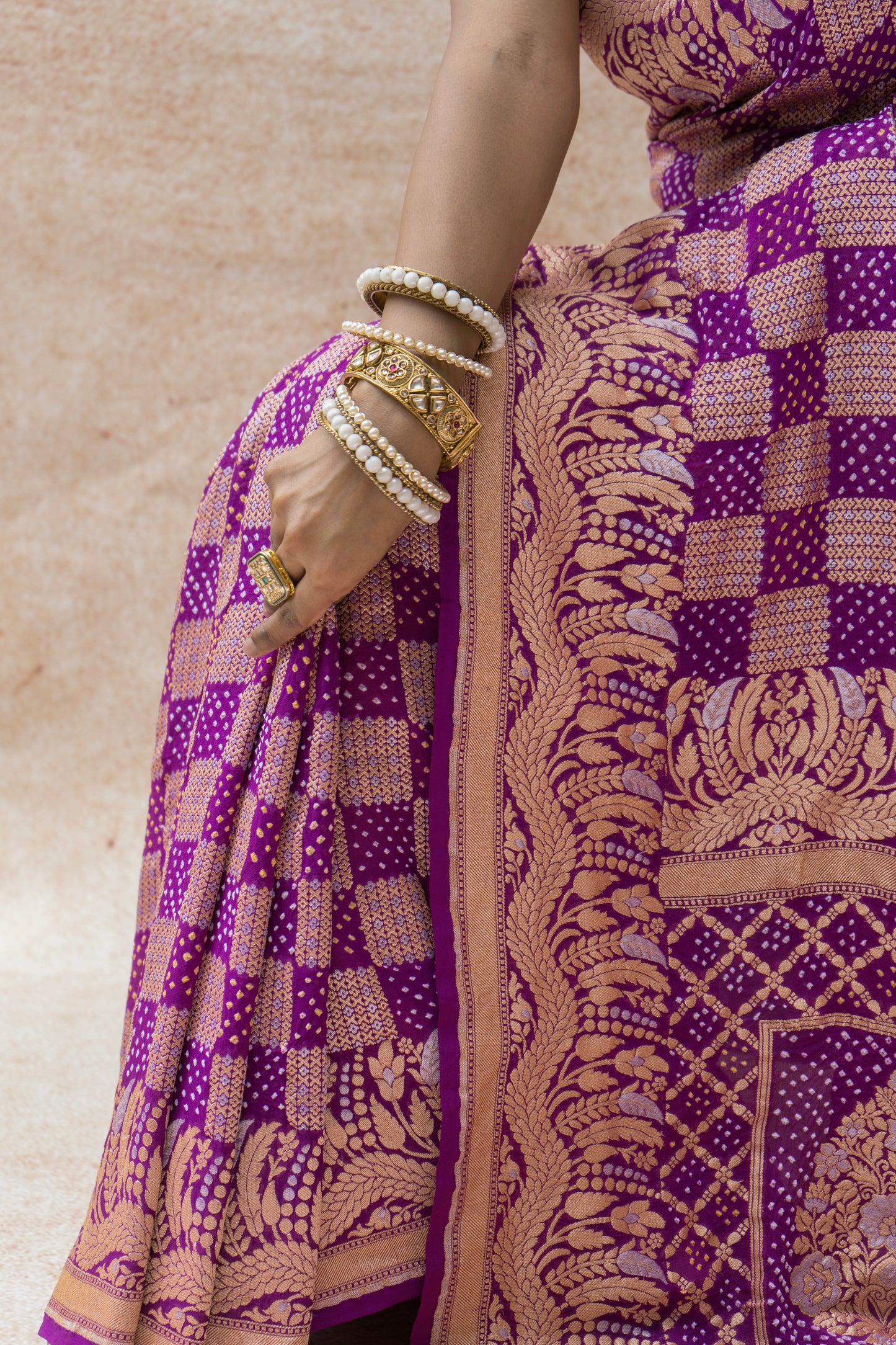 Georgette Sona Rupa Chequered Jaal Purple Bandhej Saree