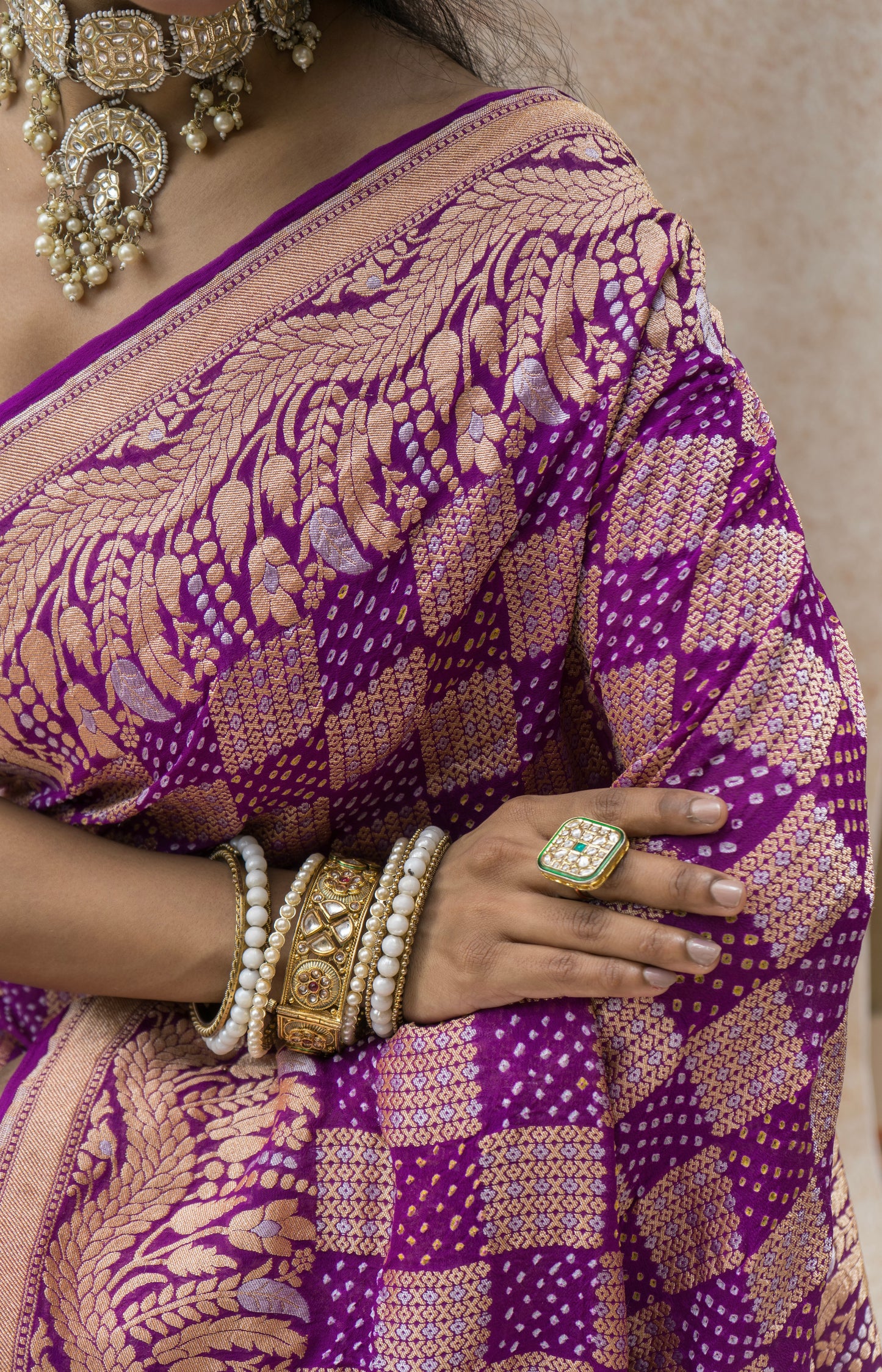 Georgette Sona Rupa Chequered Jaal Purple Bandhej Saree