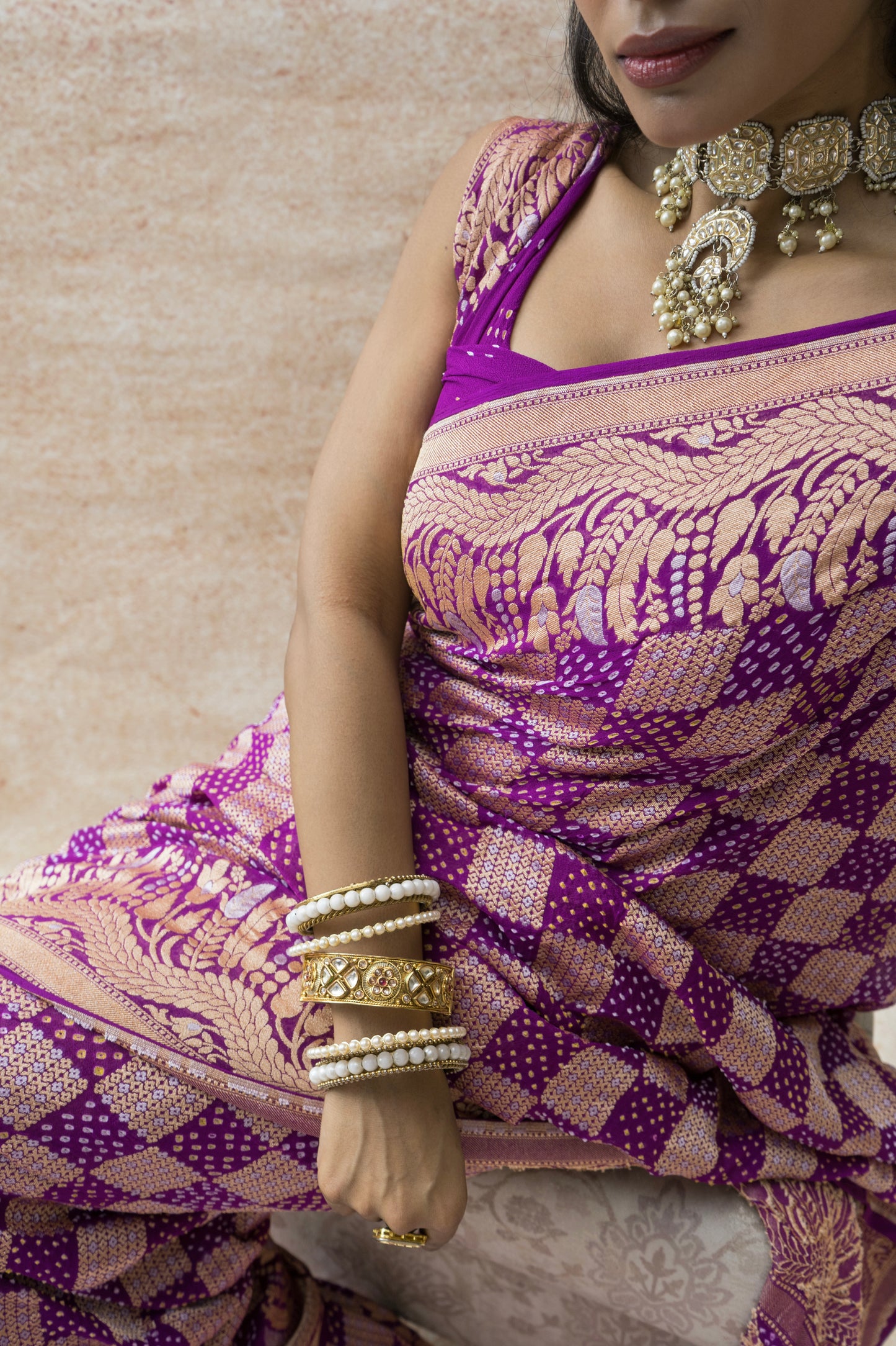 Georgette Sona Rupa Chequered Jaal Purple Bandhej Saree