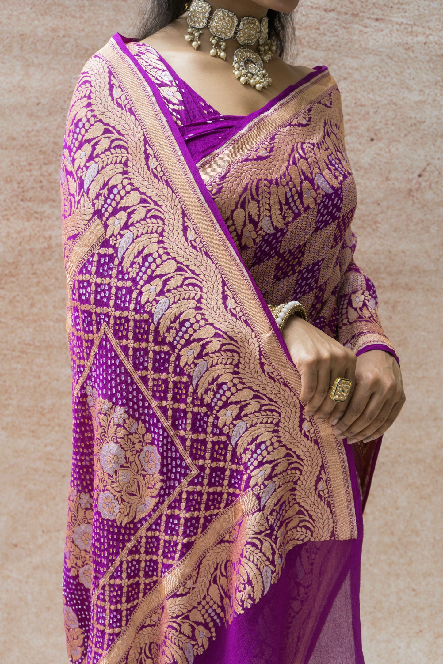 Georgette Sona Rupa Chequered Jaal Purple Bandhej Saree