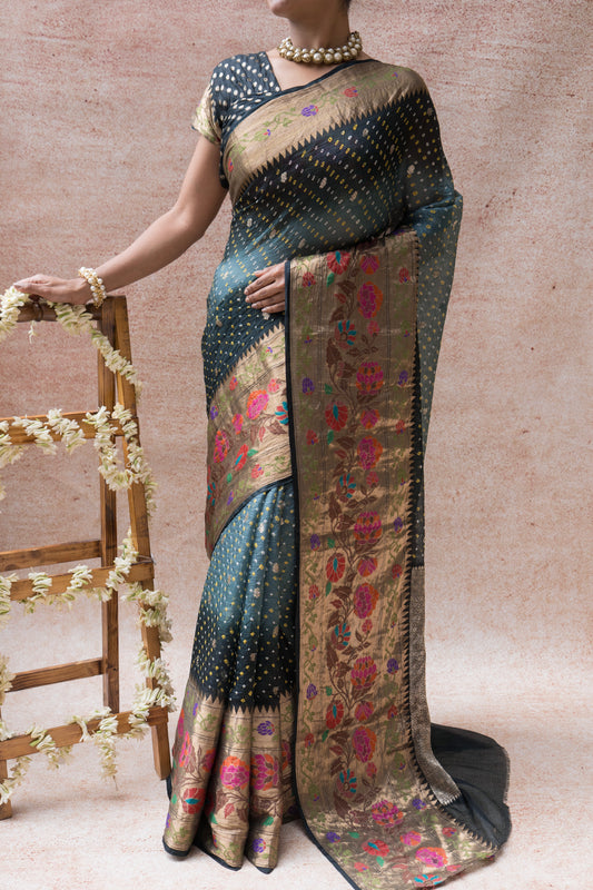 Kota Doria Paithani Meenakari Ombre Grey Bandhej Saree