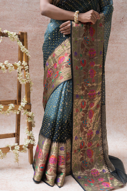 Kota Doria Paithani Meenakari Ombre Grey Bandhej Saree
