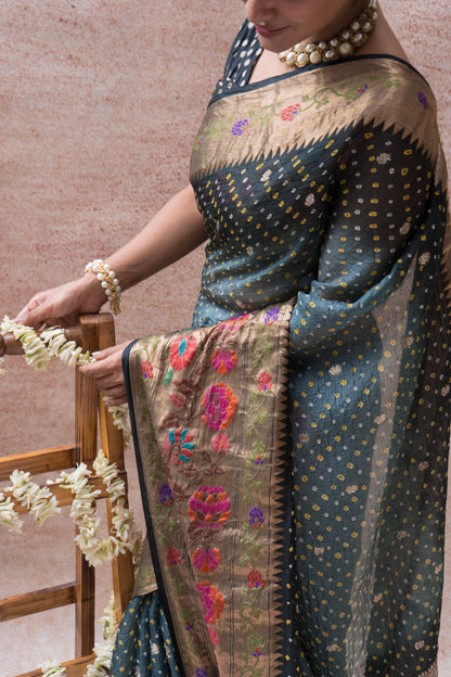 Kota Doria Paithani Meenakari Ombre Grey Bandhej Saree