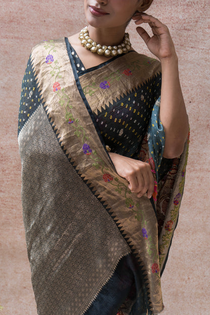 Kota Doria Paithani Meenakari Ombre Grey Bandhej Saree