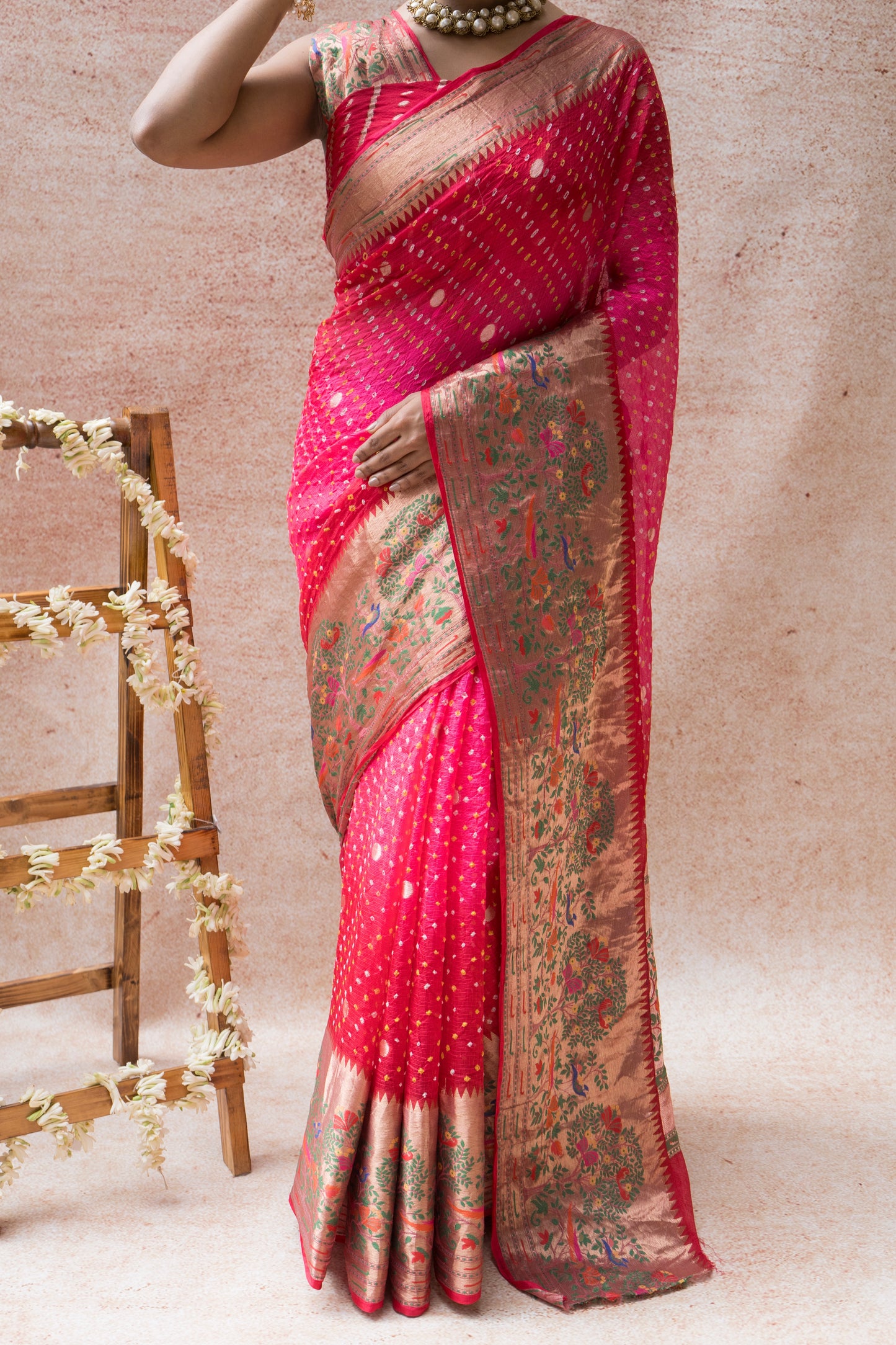 Kota Doria Meenakari Bandhej Red Saree