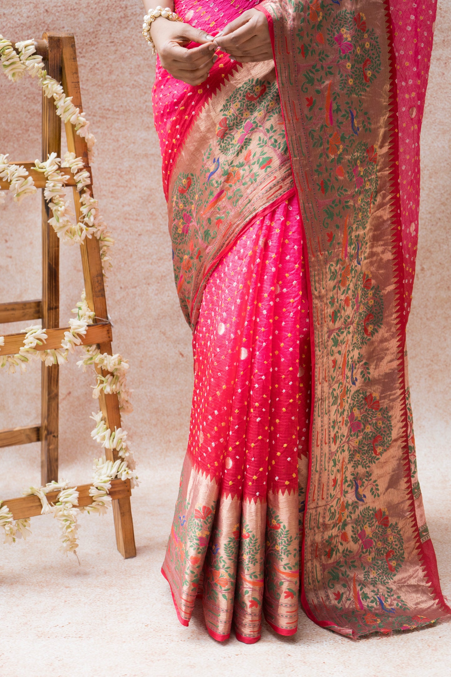 Kota Doria Meenakari Bandhej Red Saree