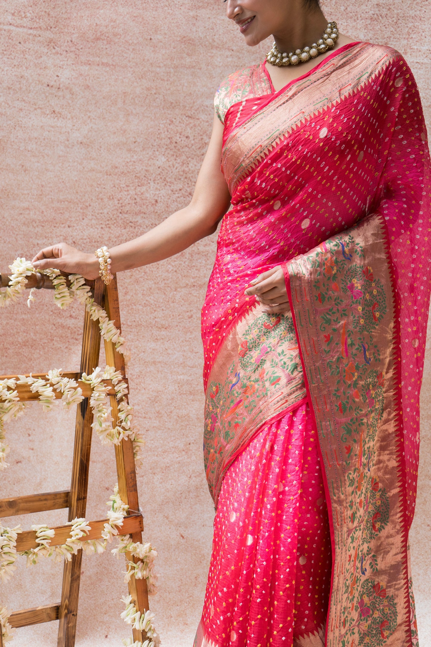 Kota Doria Meenakari Bandhej Red Saree