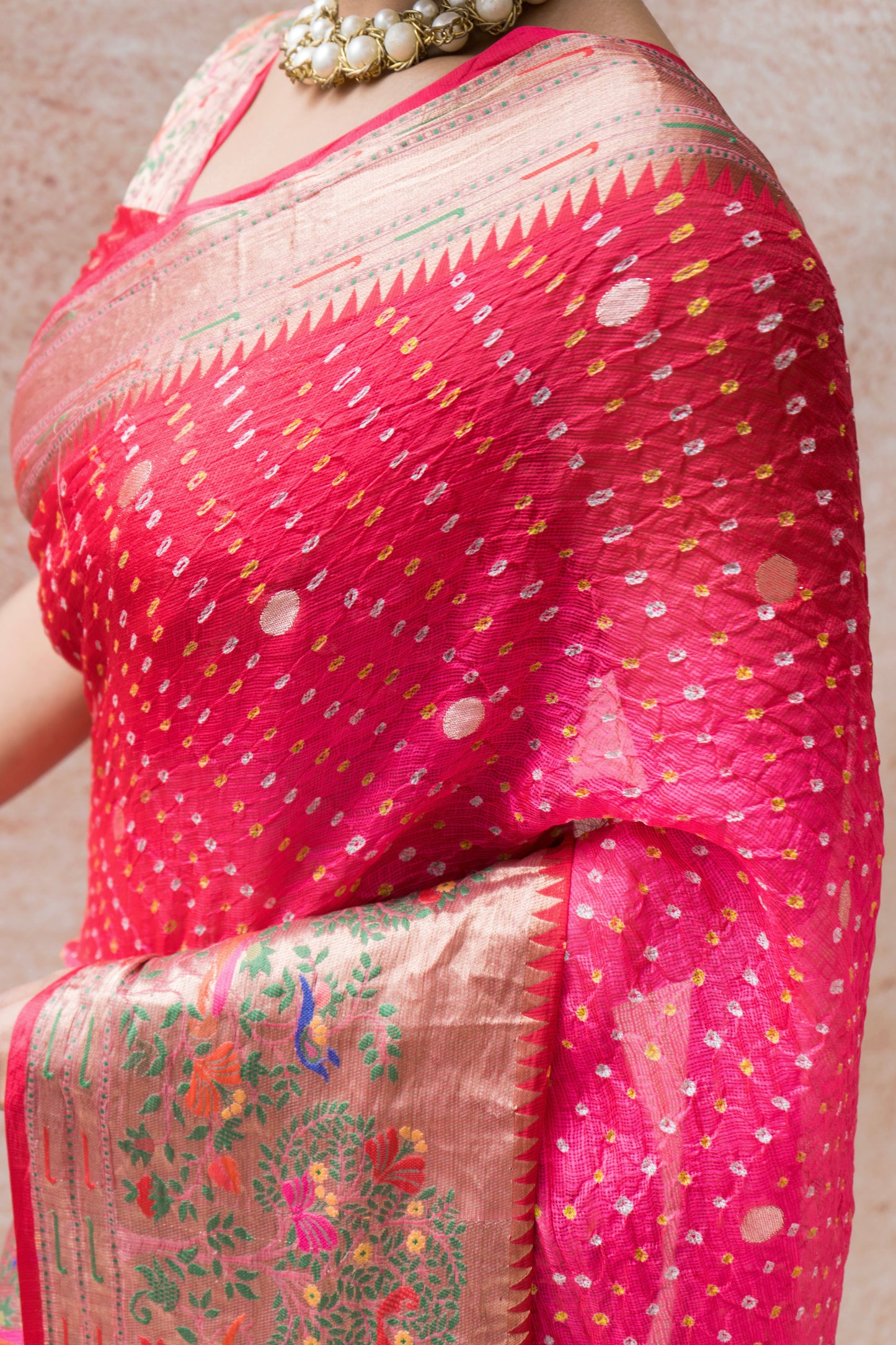 Kota Doria Meenakari Bandhej Red Saree