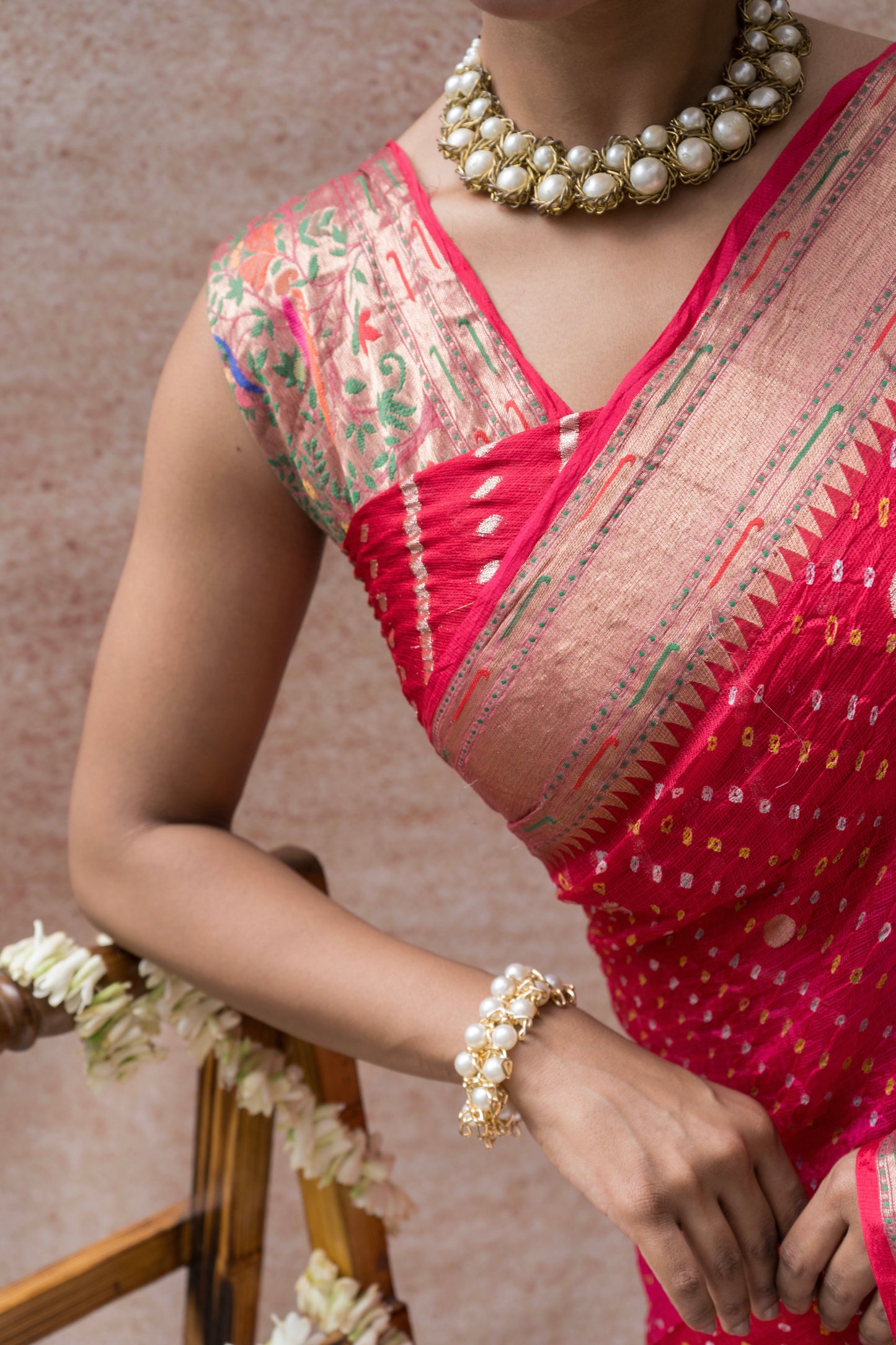 Kota Doria Meenakari Bandhej Red Saree
